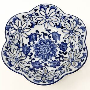 Vintage Blue White Reticulated Bowl Scalloped Edge Floral Pierced Dish 8”